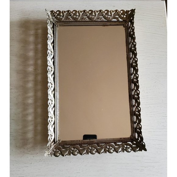 Vintage Mid-Century Metal Filigree Mirrored Vanity/Boudoir Tray - Picture 2 of 4